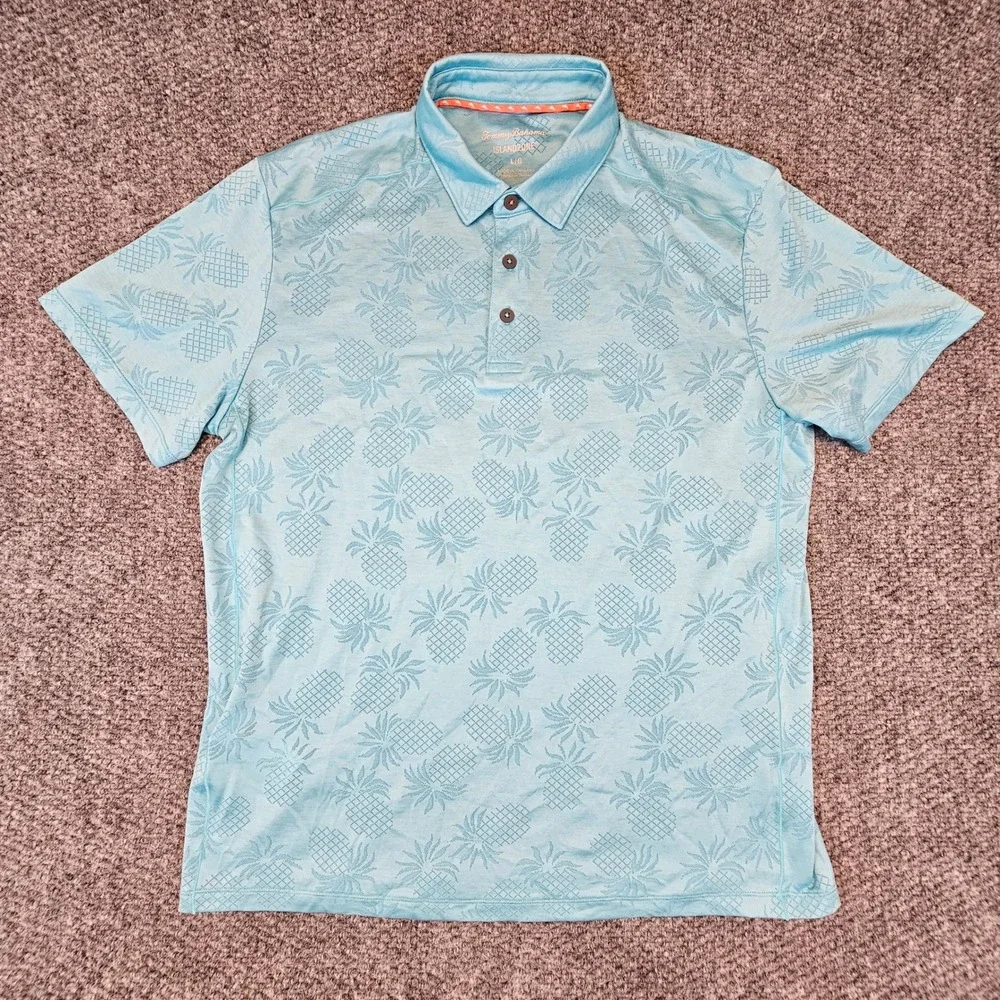 Tommy Bahama IslandZone Polo Shirt Mens Large Blue Pineapple Jacquard Golf L/G